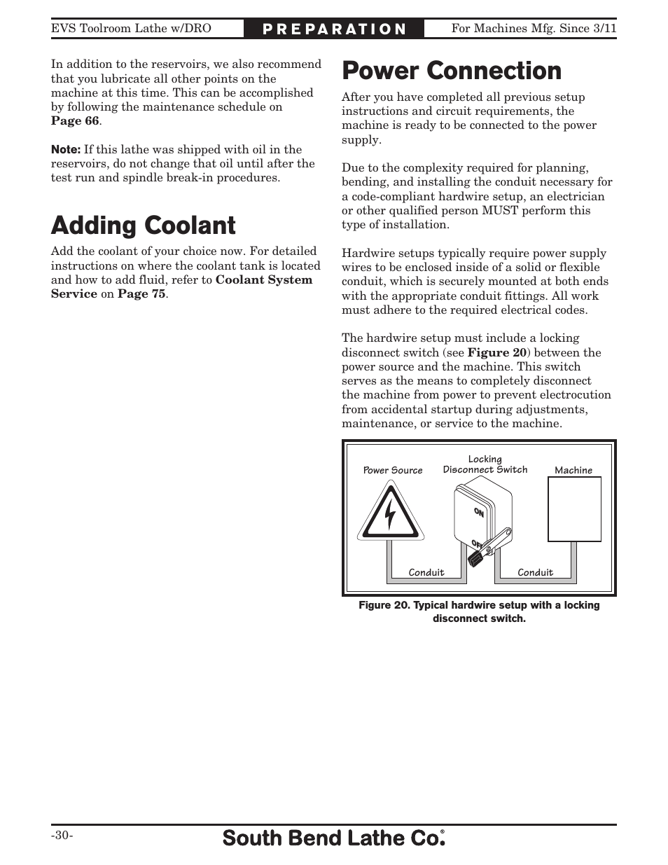 Power connection adding coolant | Southbend EVS Tool Room lathe w/DRO SB1059F User Manual | Page 32 / 140