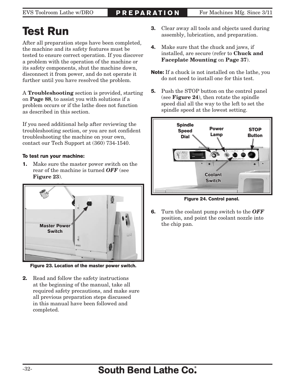 Test run | Southbend EVS Tool Room lathe w/DRO SB1059F User Manual | Page 34 / 140