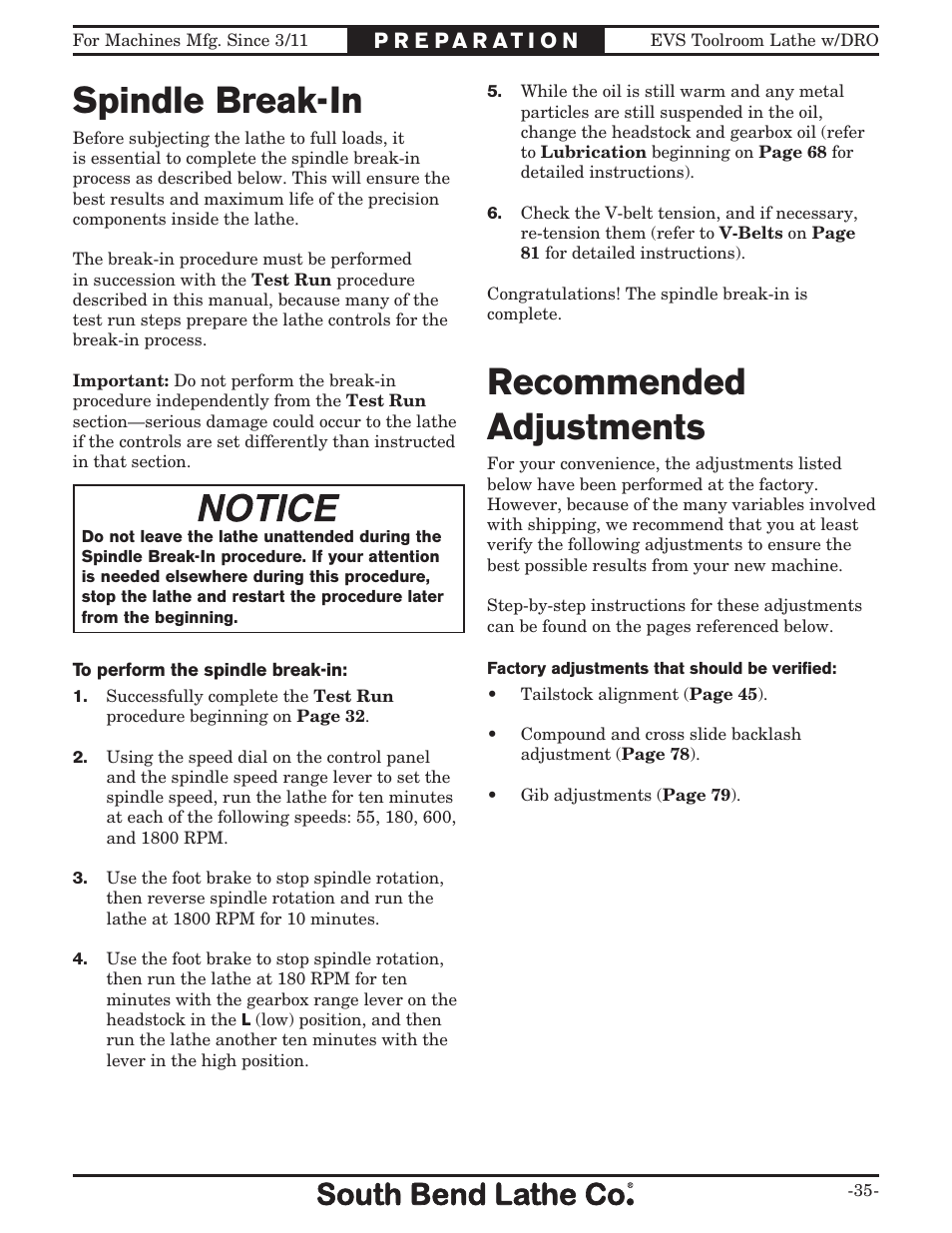 Spindle break-in, Recommended adjustments | Southbend EVS Tool Room lathe w/DRO SB1059F User Manual | Page 37 / 140