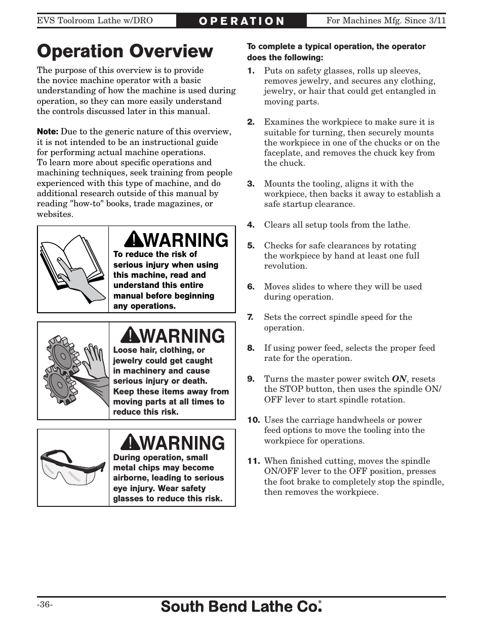 Operation overview | Southbend EVS Tool Room lathe w/DRO SB1059F User Manual | Page 38 / 140