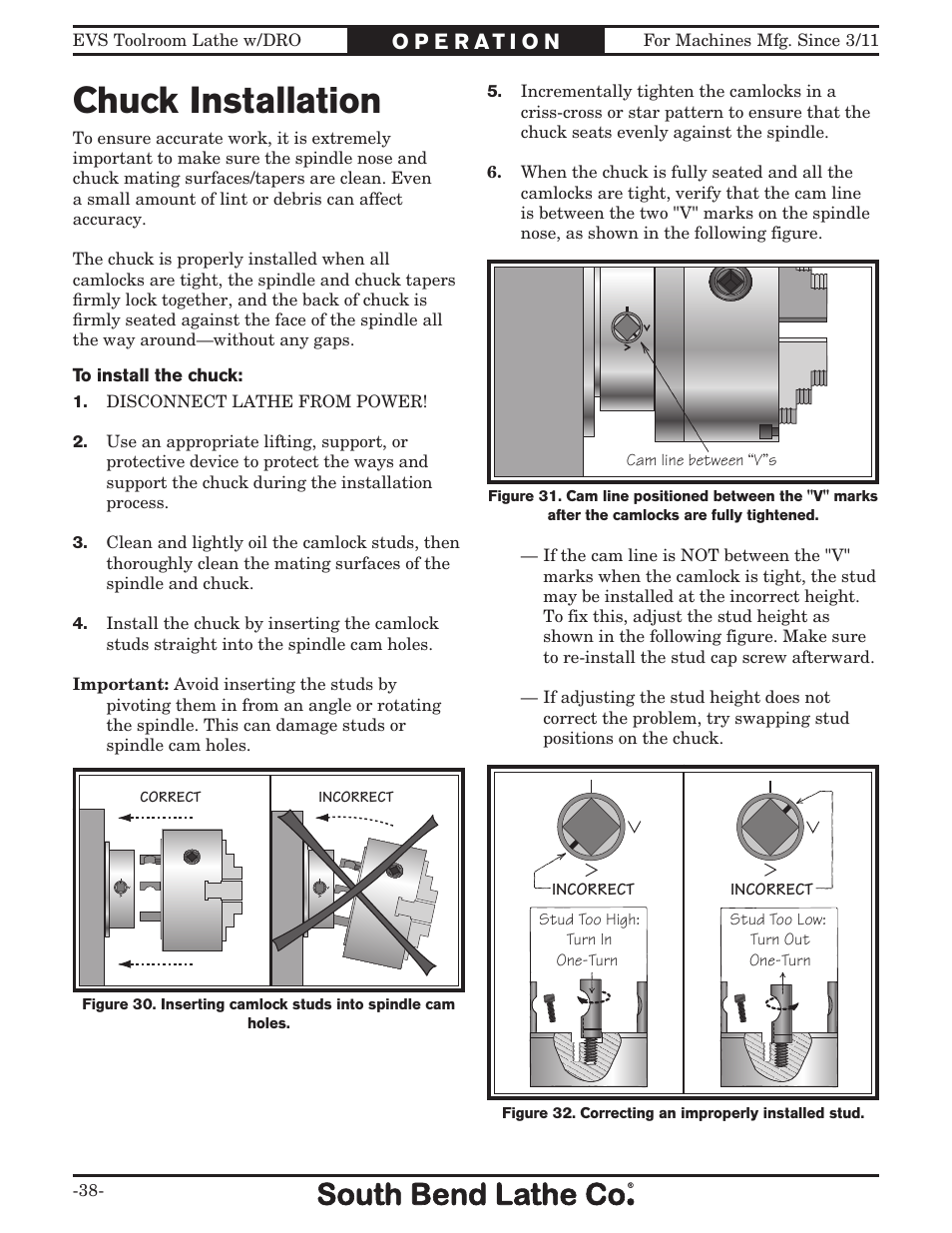 Chuck installation | Southbend EVS Tool Room lathe w/DRO SB1059F User Manual | Page 40 / 140