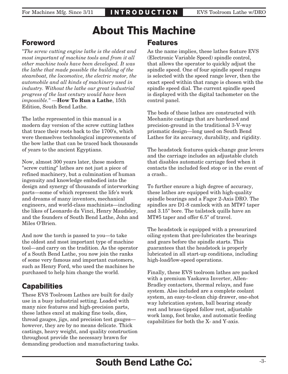 About this machine, Foreword, Features | Capabilities | Southbend EVS Tool Room lathe w/DRO SB1059F User Manual | Page 5 / 140