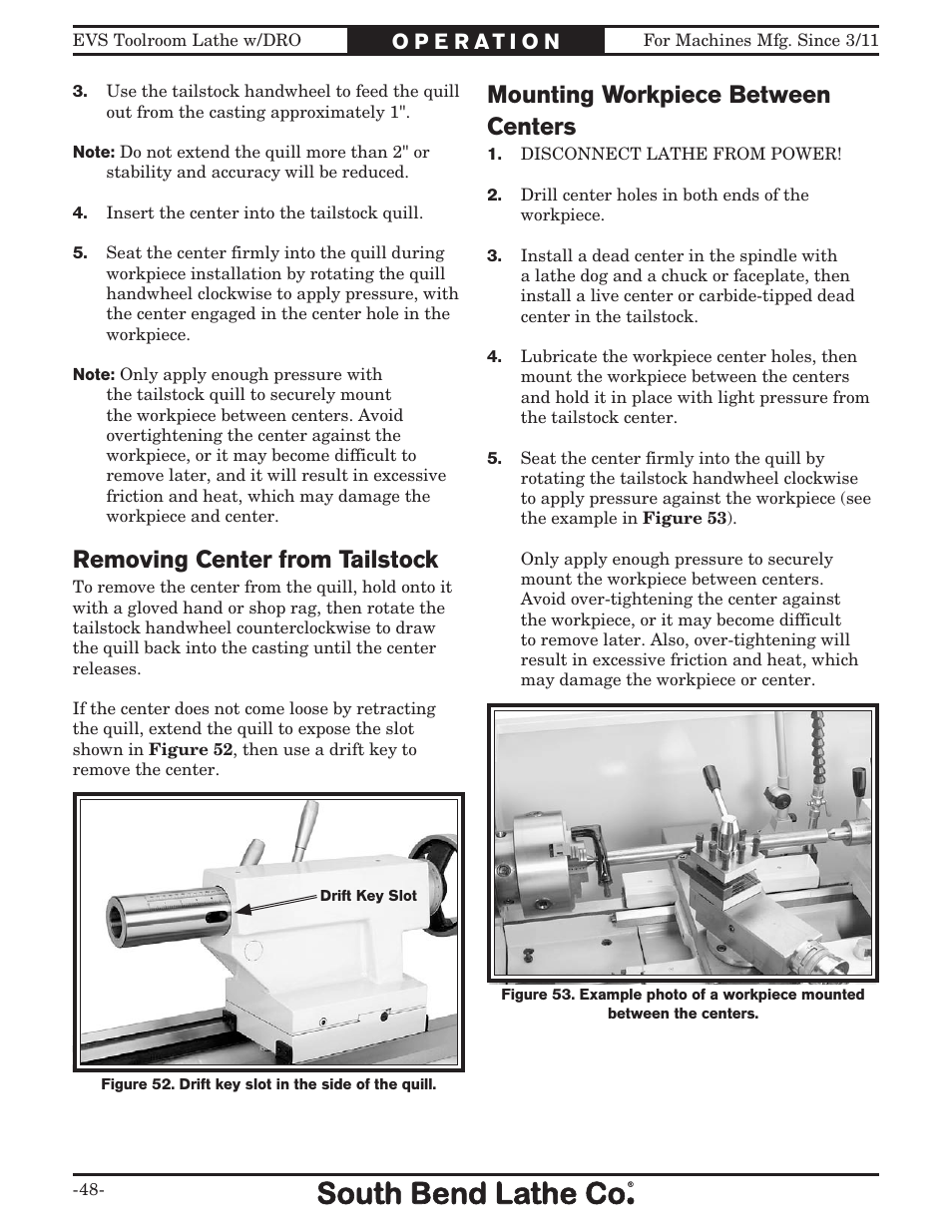 Removing center from tailstock, Mounting workpiece between centers | Southbend EVS Tool Room lathe w/DRO SB1059F User Manual | Page 50 / 140