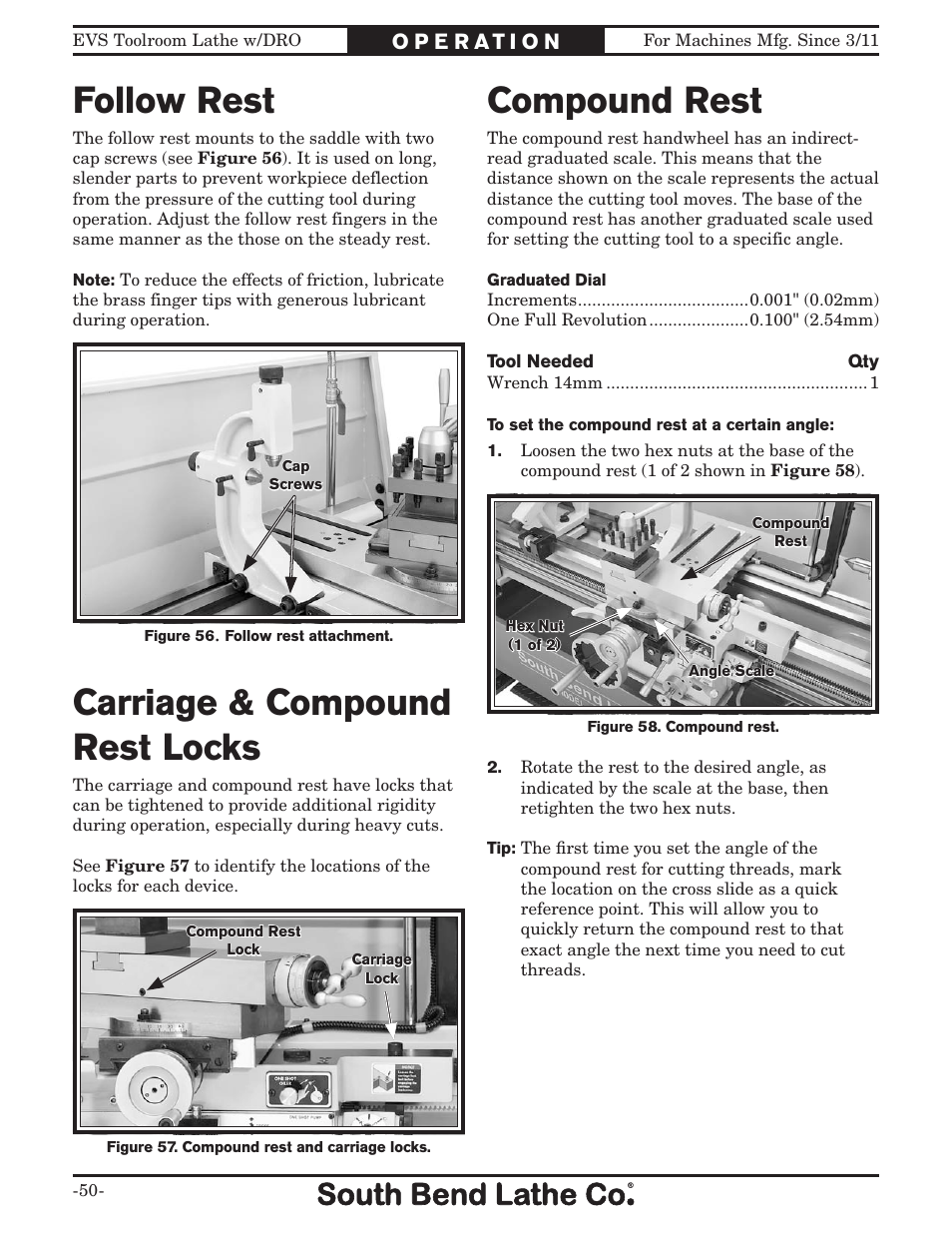 Follow rest, Carriage & compound rest locks, Compound rest | Southbend EVS Tool Room lathe w/DRO SB1059F User Manual | Page 52 / 140