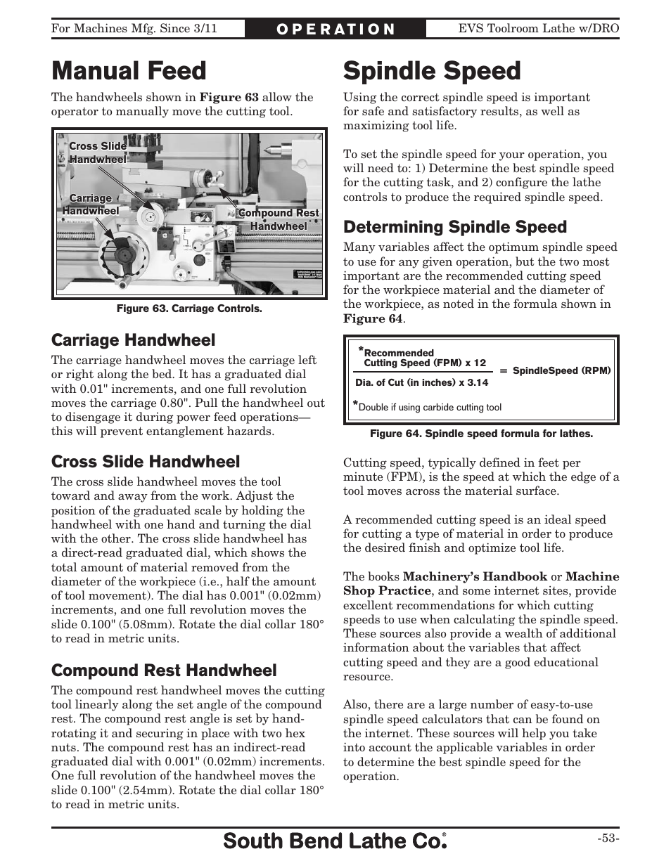 Manual feed, Spindle speed, Carriage handwheel | Cross slide handwheel, Compound rest handwheel, Determining spindle speed | Southbend EVS Tool Room lathe w/DRO SB1059F User Manual | Page 55 / 140