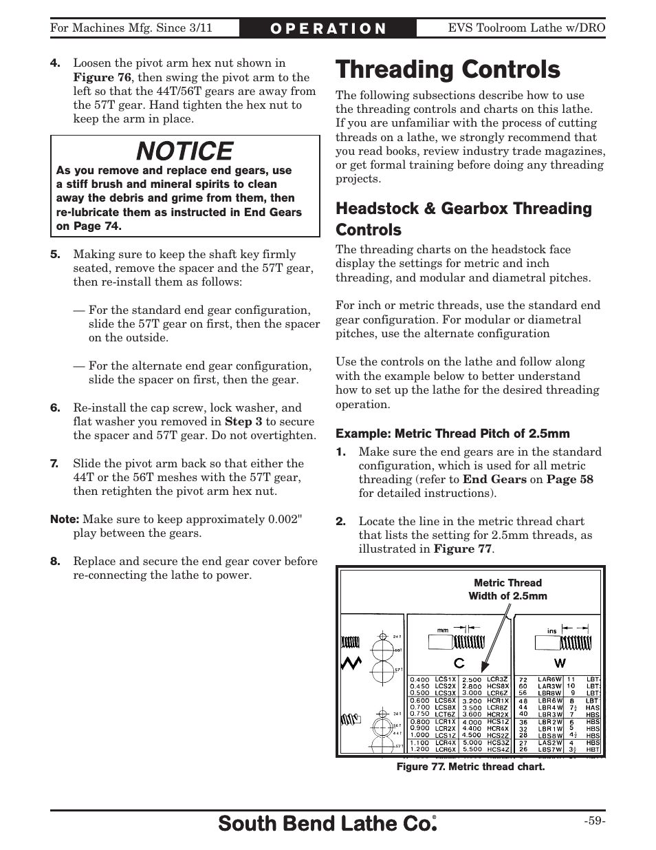 Threading controls, Headstock & gearbox threading controls | Southbend EVS Tool Room lathe w/DRO SB1059F User Manual | Page 61 / 140