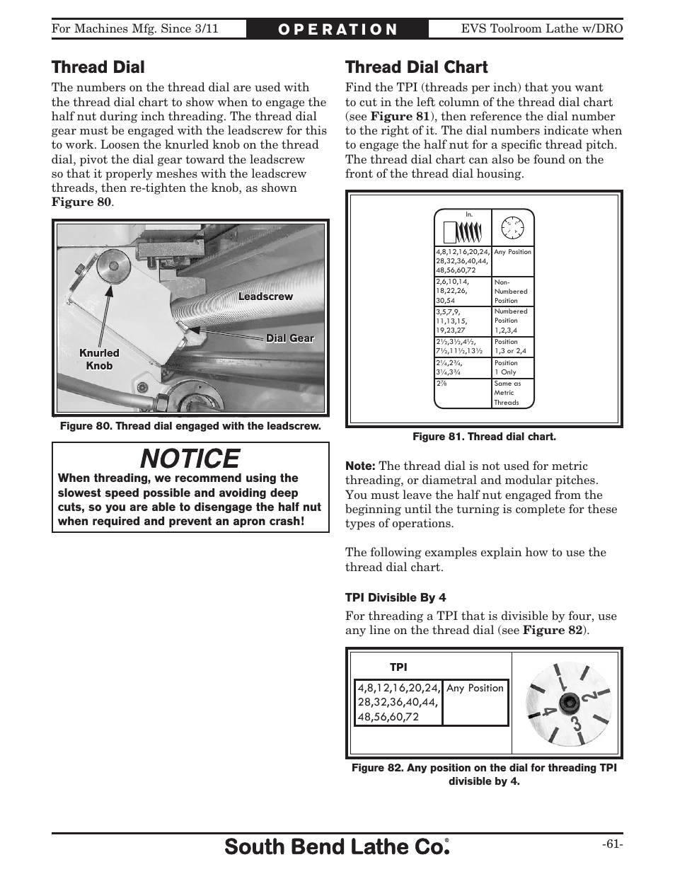 Thread dial, Thread dial chart | Southbend EVS Tool Room lathe w/DRO SB1059F User Manual | Page 63 / 140