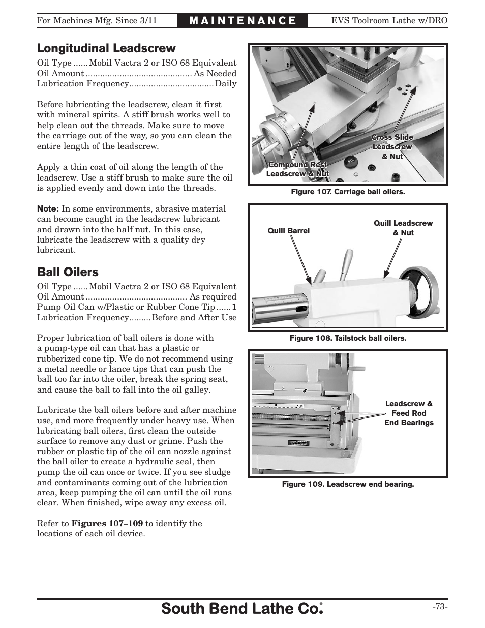 Longitudinal leadscrew, Ball oilers | Southbend EVS Tool Room lathe w/DRO SB1059F User Manual | Page 75 / 140