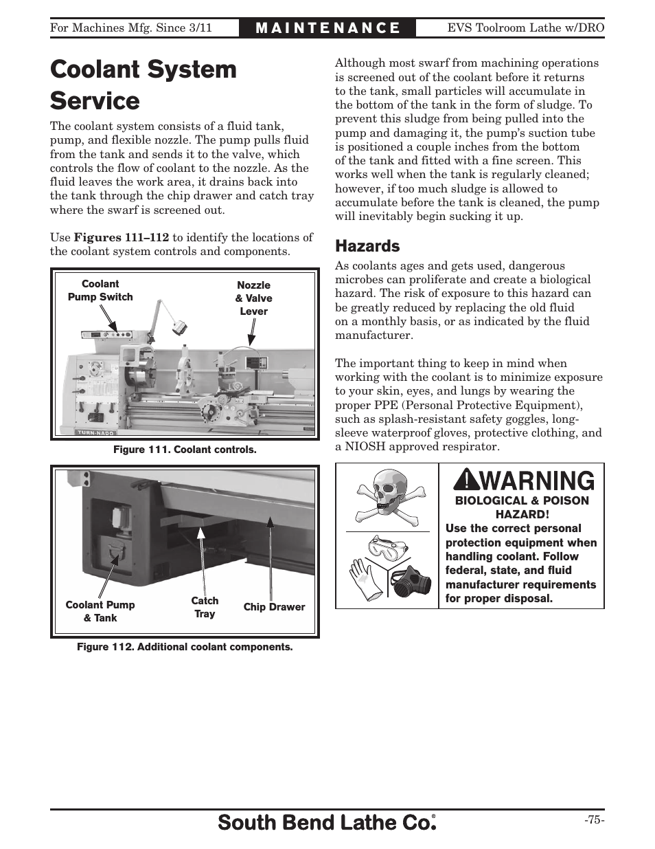 Coolant system service, Hazards | Southbend EVS Tool Room lathe w/DRO SB1059F User Manual | Page 77 / 140