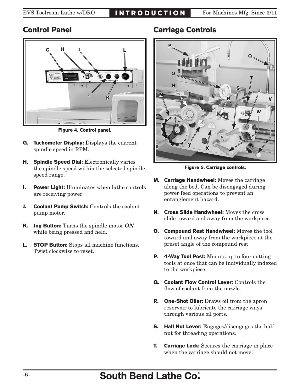 Control panel, Carriage controls | Southbend EVS Tool Room lathe w/DRO SB1059F User Manual | Page 8 / 140