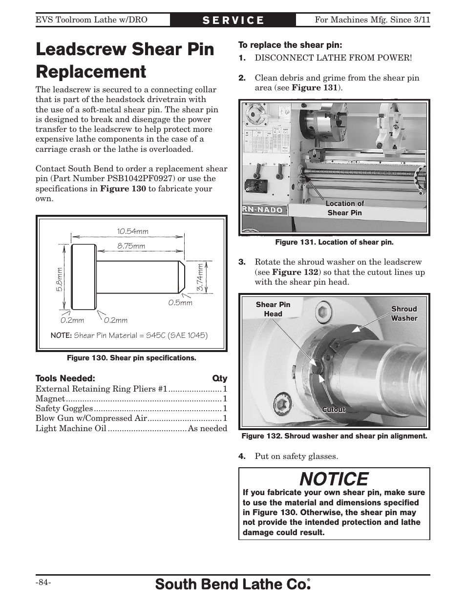 Leadscrew shear pin replacement | Southbend EVS Tool Room lathe w/DRO SB1059F User Manual | Page 86 / 140