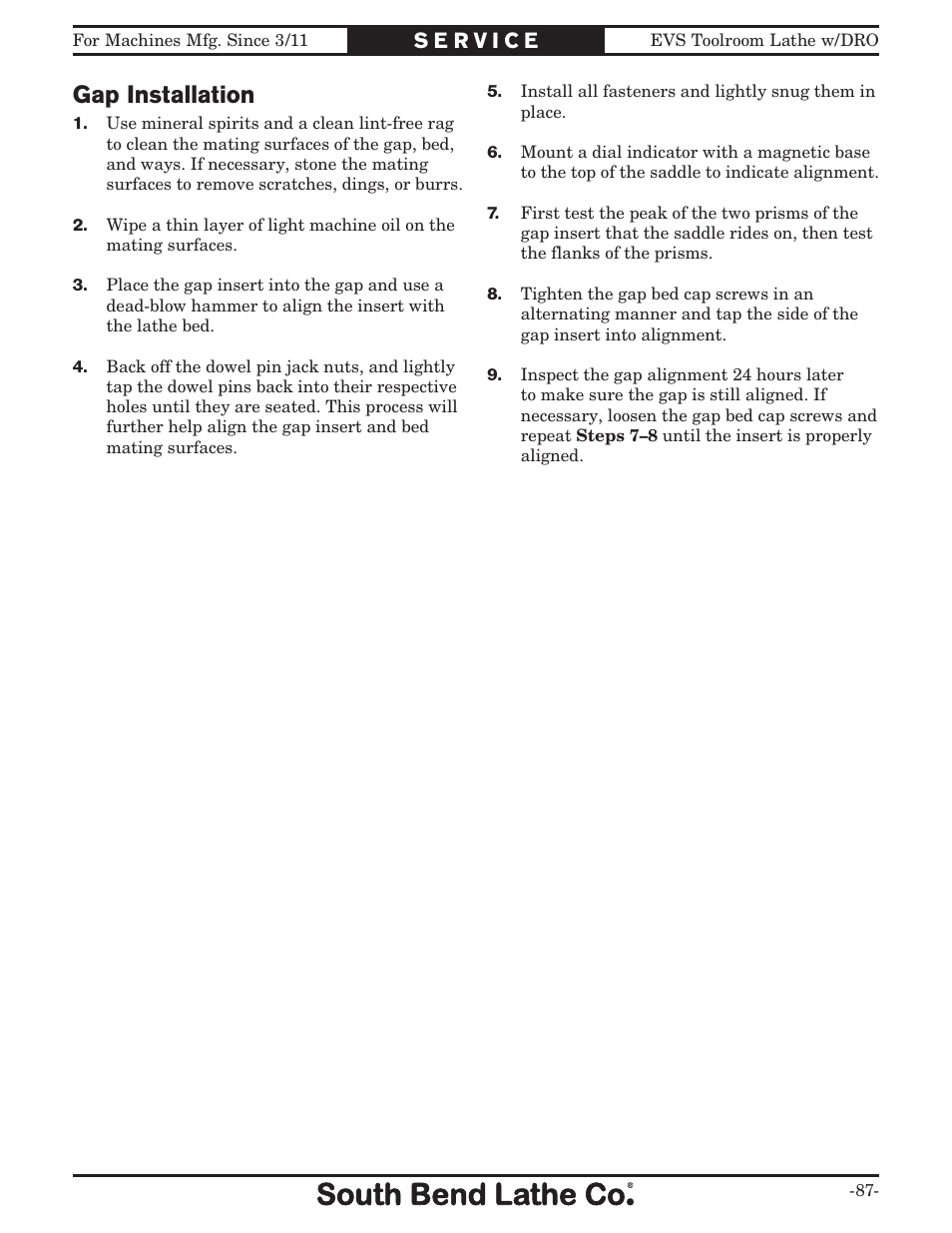 Gap installation | Southbend EVS Tool Room lathe w/DRO SB1059F User Manual | Page 89 / 140