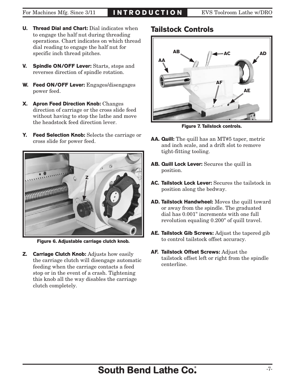 Tailstock controls | Southbend EVS Tool Room lathe w/DRO SB1059F User Manual | Page 9 / 140