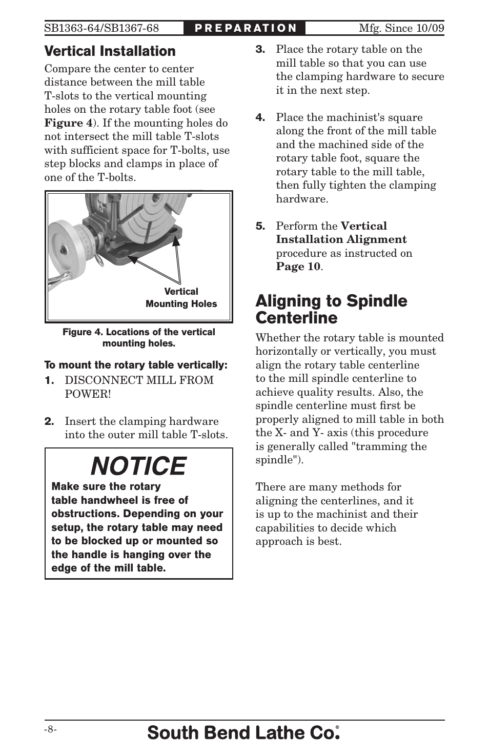 Aligning to spindle centerline, Vertical installation | Southbend ROTARY TABLE SB User Manual | Page 10 / 28