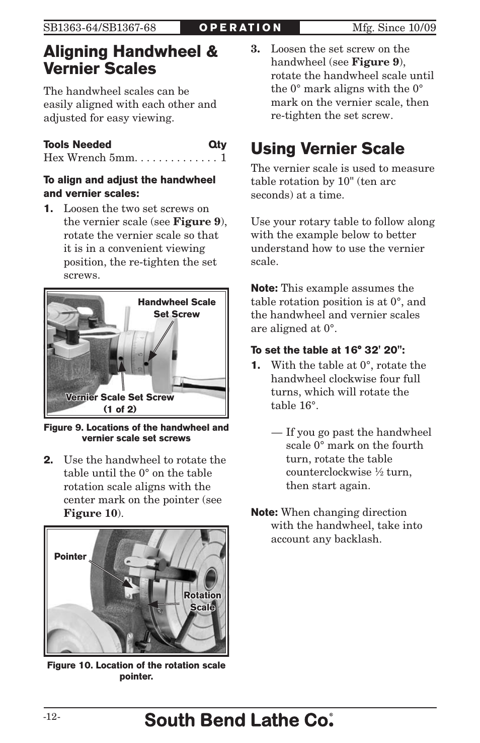 Aligning handwheel & vernier scales, Using vernier scale | Southbend ROTARY TABLE SB User Manual | Page 14 / 28