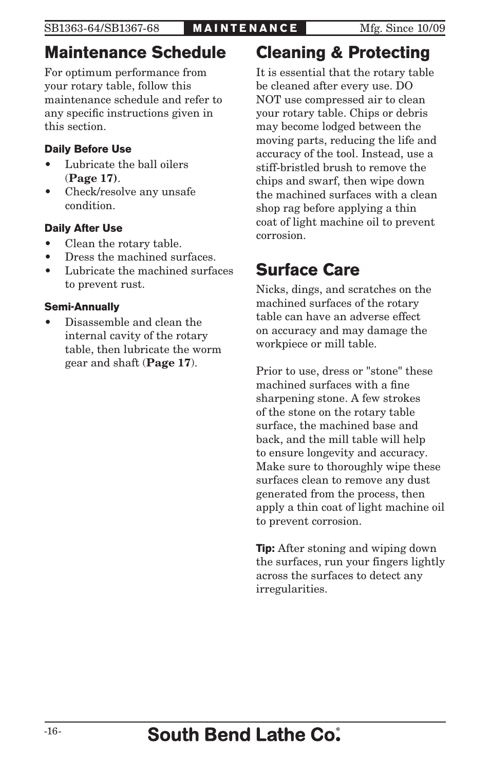 Maintenance schedule, Cleaning & protecting, Surface care | Southbend ROTARY TABLE SB User Manual | Page 18 / 28