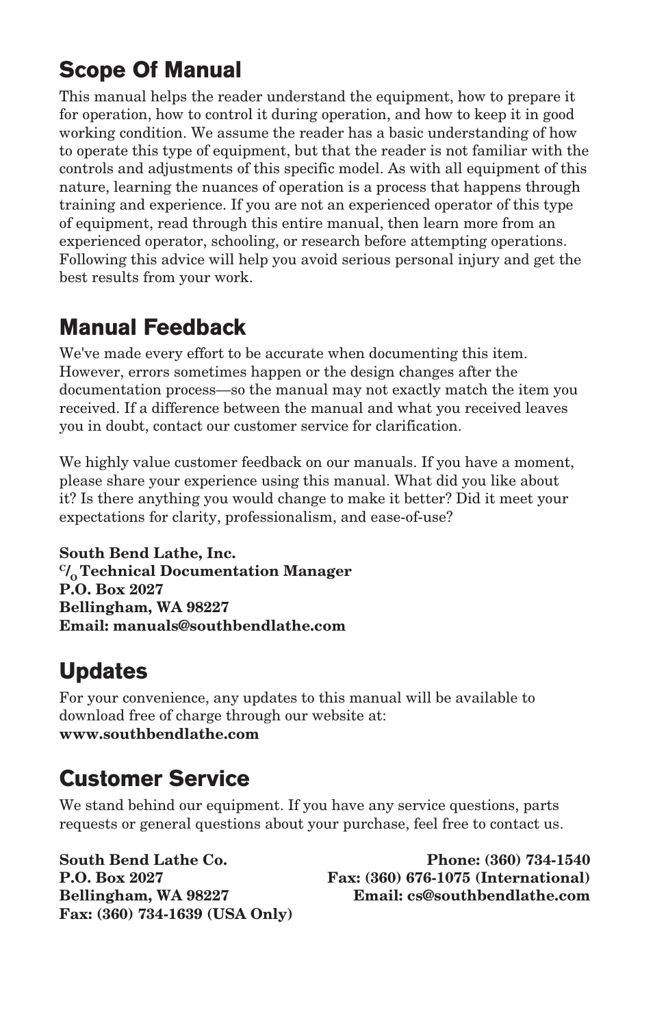 Scope of manual, Manual feedback, Updates | Customer service | Southbend ROTARY TABLE SB User Manual | Page 2 / 28