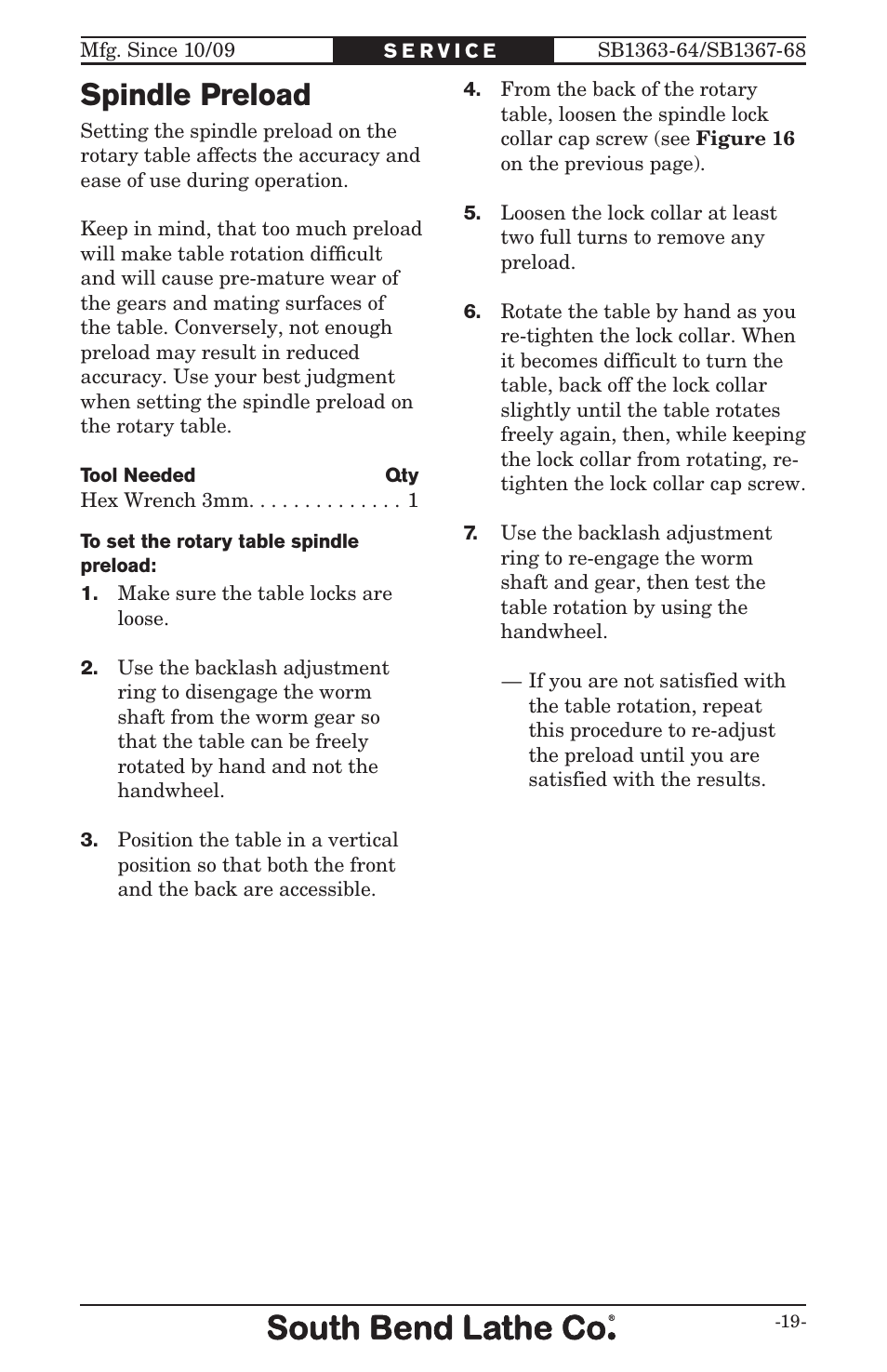 Spindle preload | Southbend ROTARY TABLE SB User Manual | Page 21 / 28