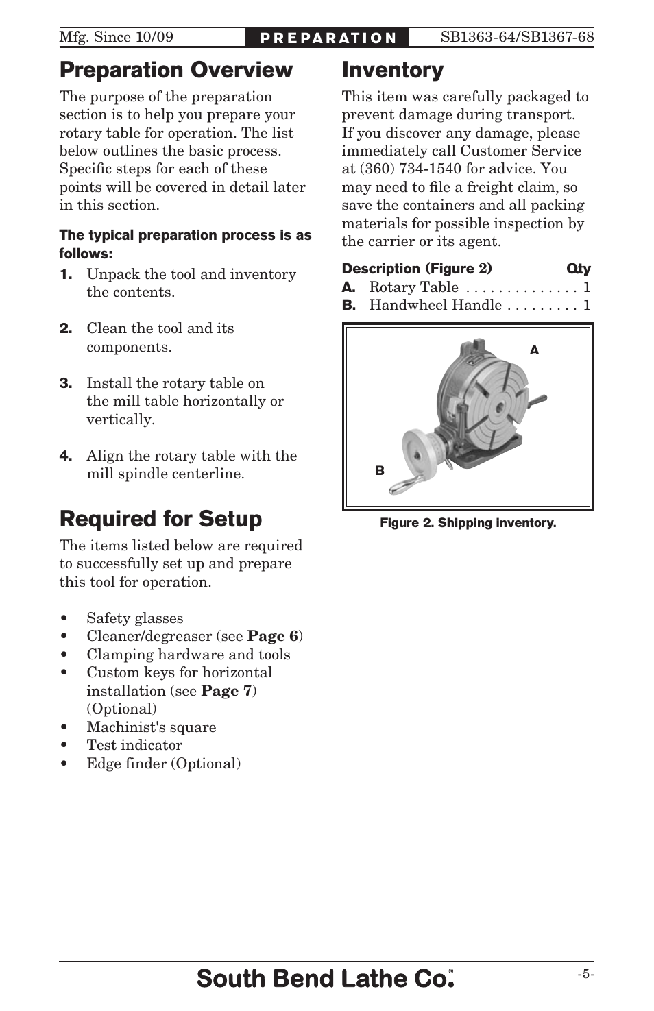 Inventory preparation overview, Required for setup | Southbend ROTARY TABLE SB User Manual | Page 7 / 28