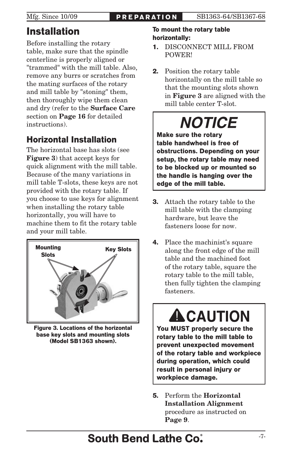 Installation, Horizontal installation | Southbend ROTARY TABLE SB User Manual | Page 9 / 28