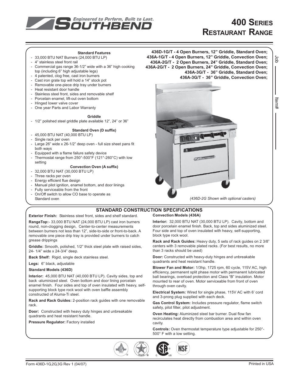 Southbend 400 series User Manual | 2 pages