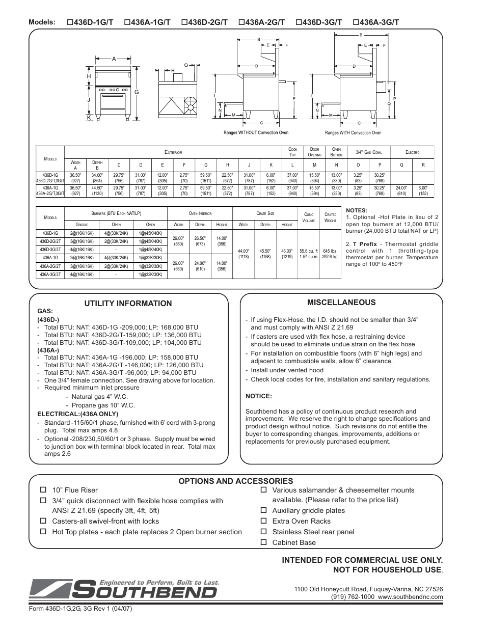 Models, 10” flue riser, Casters-all swivel-front with locks | Auxillary griddle plates, Extra oven racks, Stainless steel rear panel, Cabinet base | Southbend 400 series User Manual | Page 2 / 2