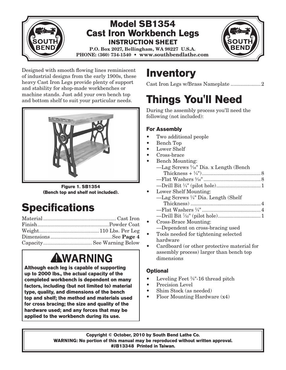 Southbend SB1354 User Manual | 4 pages