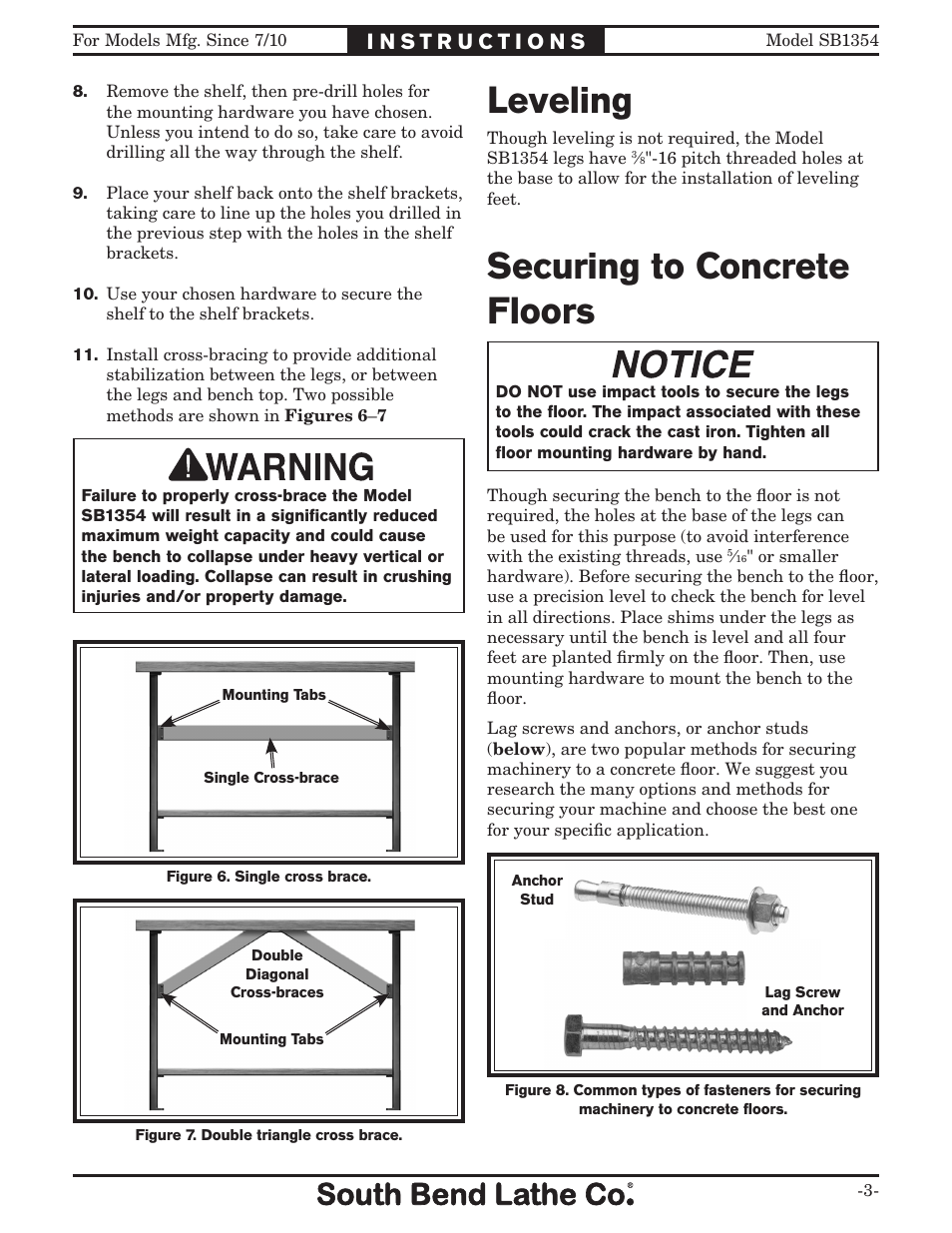 Leveling, Securing to concrete floors | Southbend SB1354 User Manual | Page 3 / 4