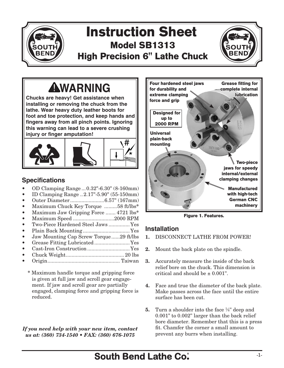 Southbend High Precision 6" Lathe Chuck SB1313 User Manual | 4 pages