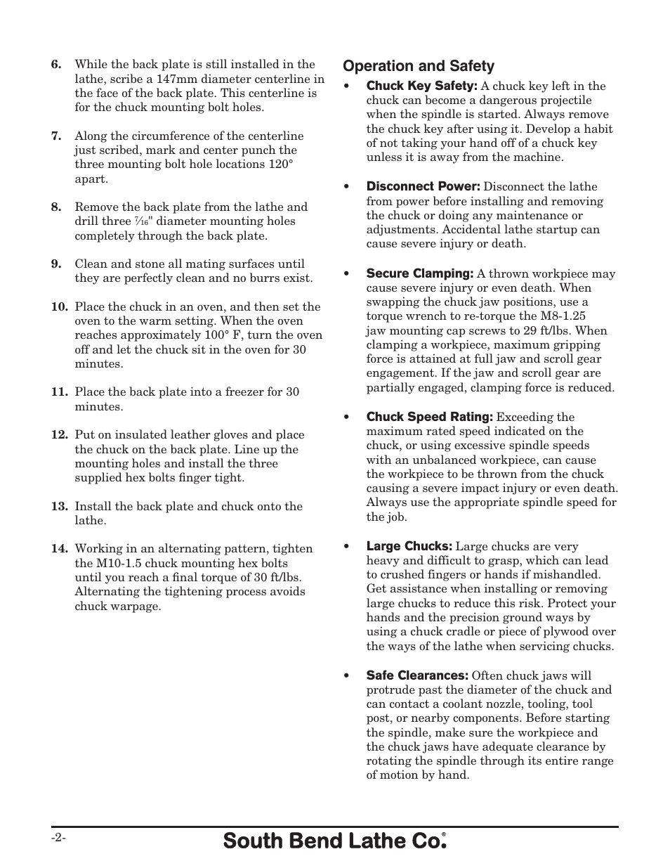 Operation and safety | Southbend High Precision 6" Lathe Chuck SB1313 User Manual | Page 2 / 4