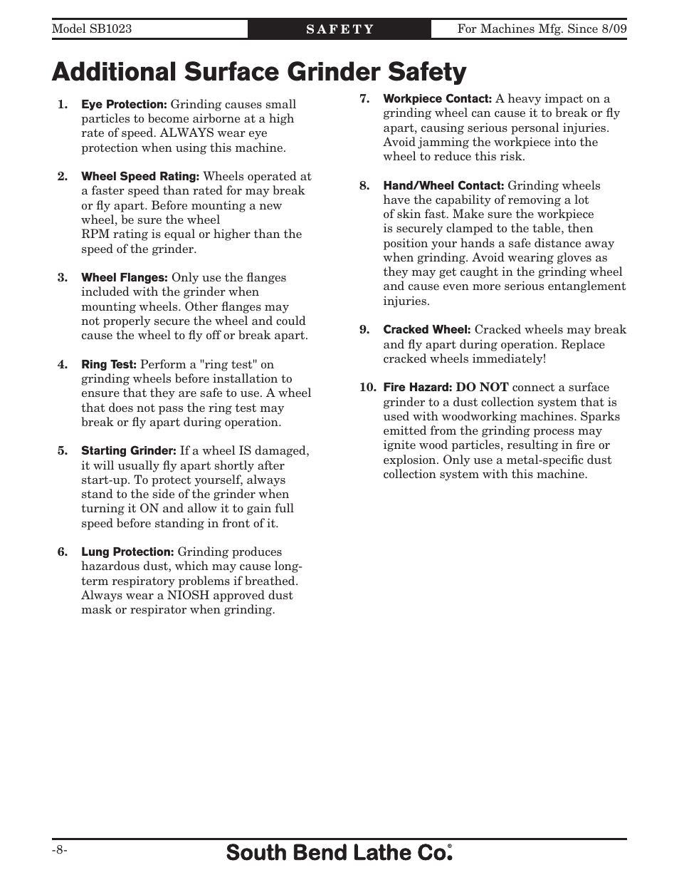 Additional surface grinder safety | Southbend SB1023 User Manual | Page 10 / 48