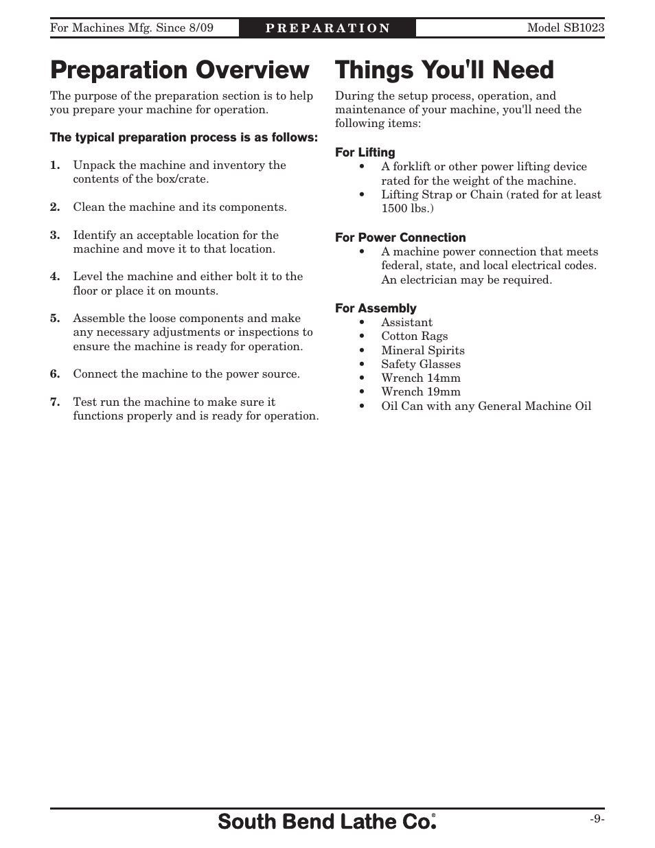 Preparation overview, Things you'll need | Southbend SB1023 User Manual | Page 11 / 48