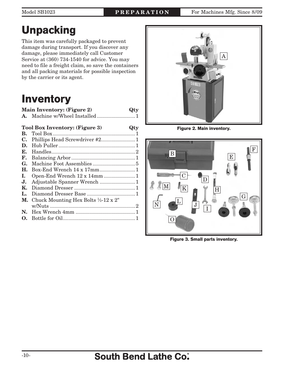 Unpacking, Inventory | Southbend SB1023 User Manual | Page 12 / 48