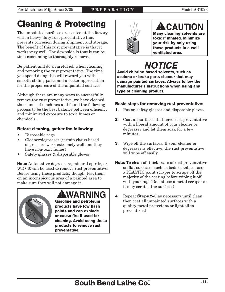 Cleaning & protecting | Southbend SB1023 User Manual | Page 13 / 48