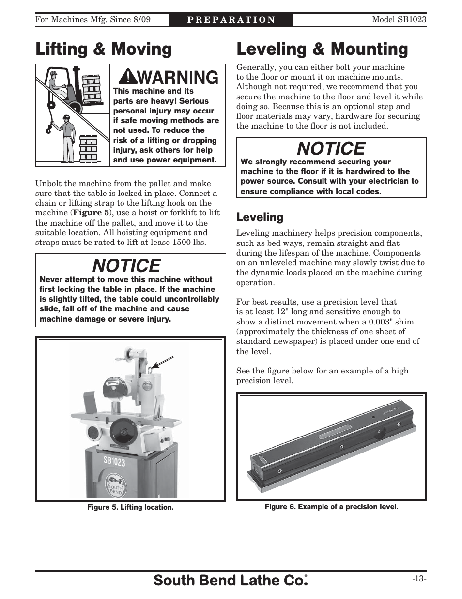 Lifting & moving, Leveling & mounting, Leveling | Southbend SB1023 User Manual | Page 15 / 48