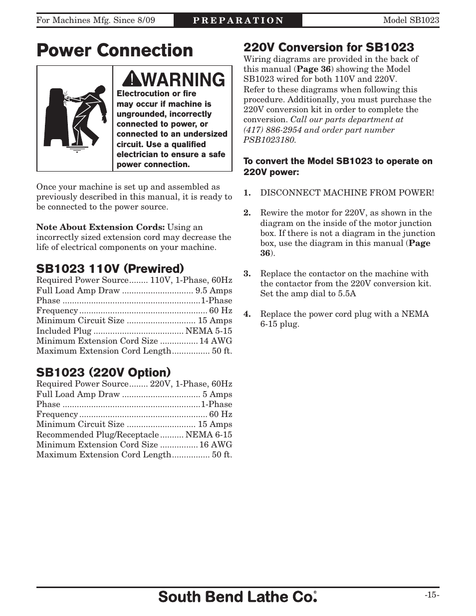 Power connection | Southbend SB1023 User Manual | Page 17 / 48