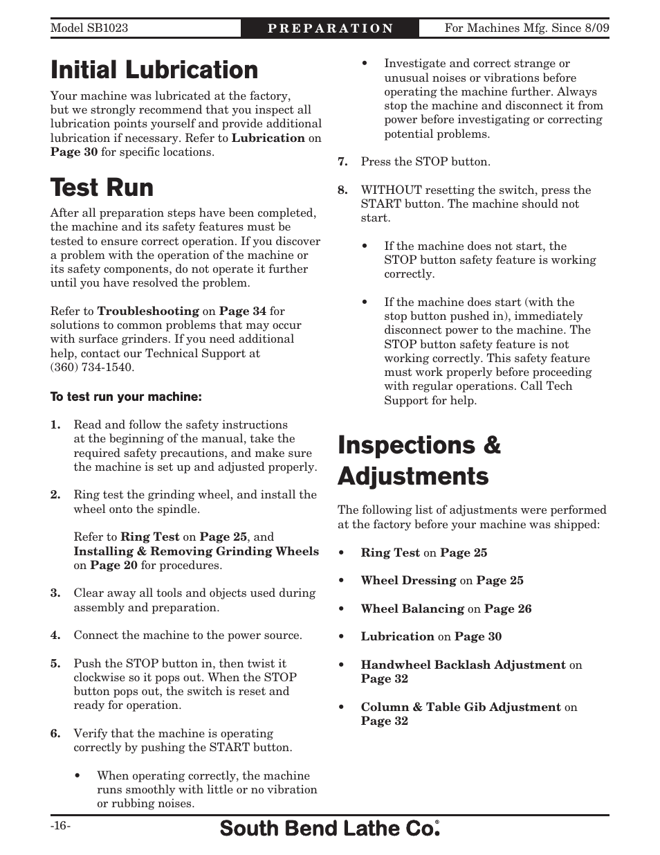 Test run, Initial lubrication, Inspections & adjustments | Southbend SB1023 User Manual | Page 18 / 48