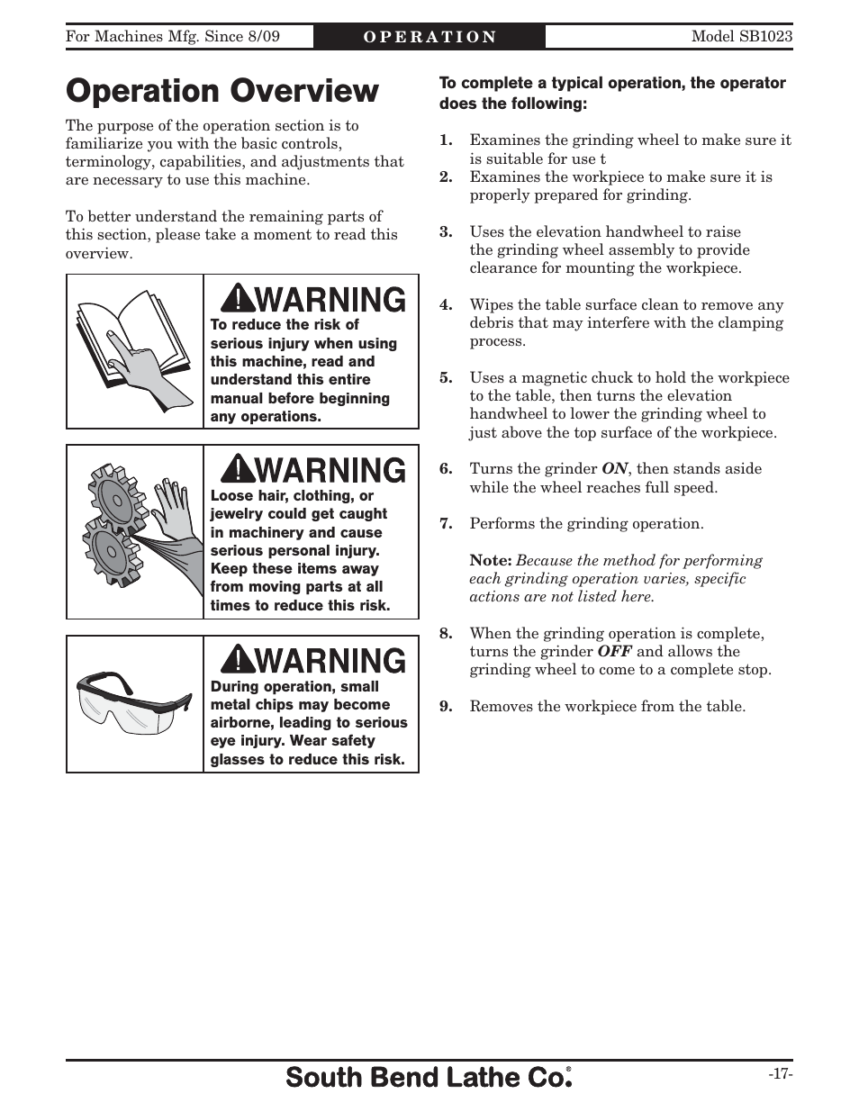 Operation overview | Southbend SB1023 User Manual | Page 19 / 48