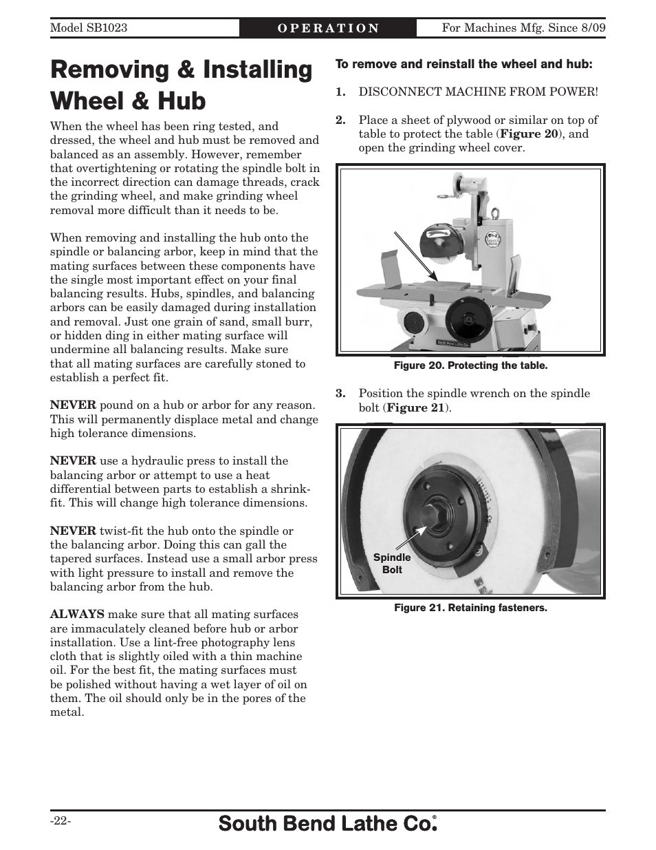 Removing & installing wheel & hub | Southbend SB1023 User Manual | Page 24 / 48