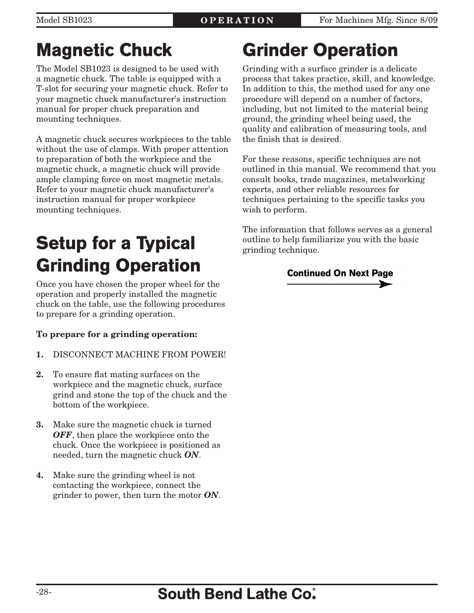 Grinder operation, Magnetic chuck, Setup for a typical grinding operation | Southbend SB1023 User Manual | Page 30 / 48