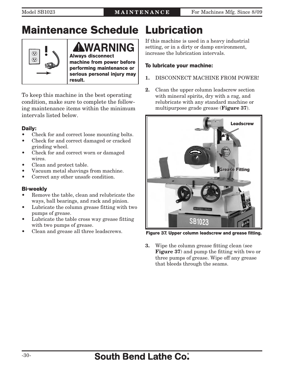 Maintenance schedule, Lubrication | Southbend SB1023 User Manual | Page 32 / 48