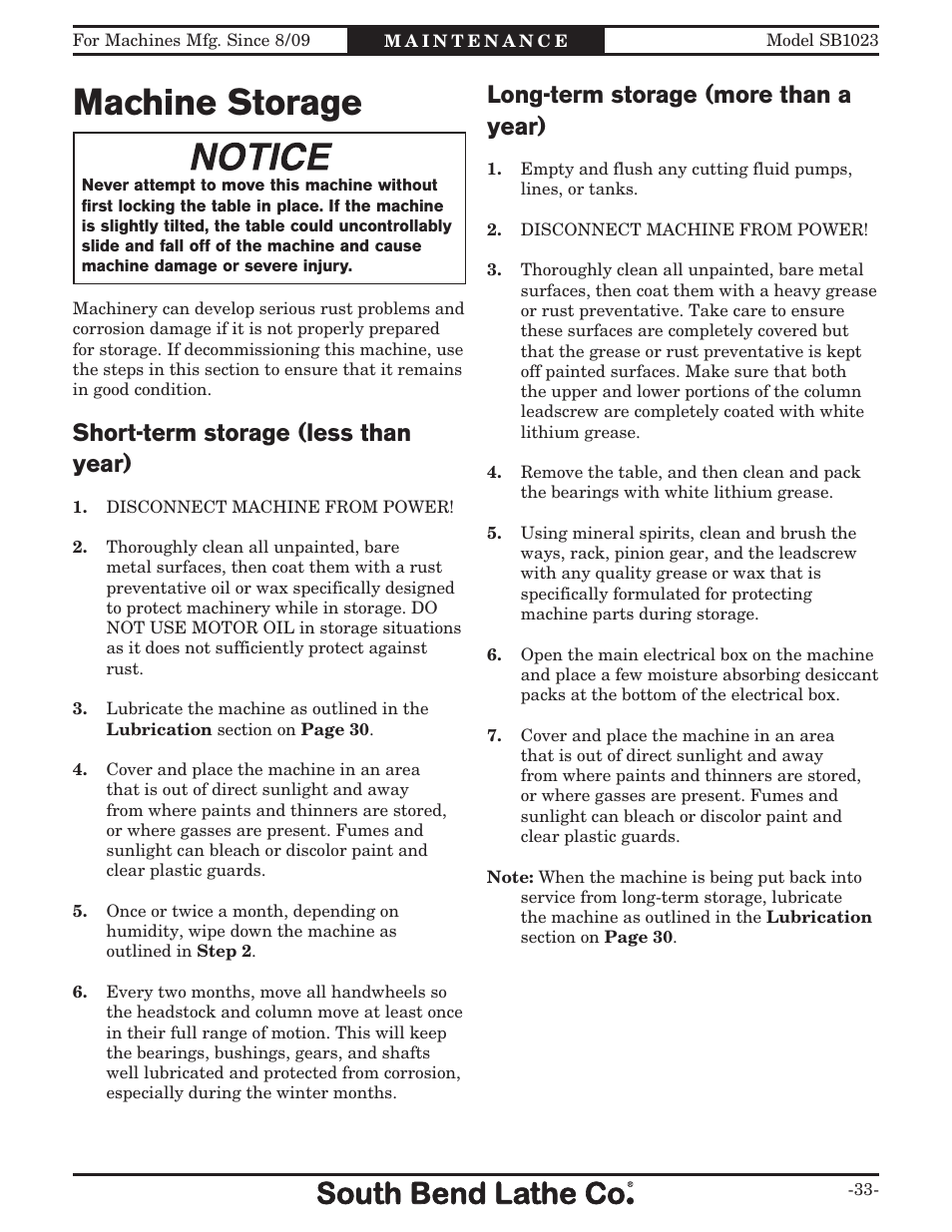 Machine storage, Short-term storage (less than year), Long-term storage (more than a year) | Southbend SB1023 User Manual | Page 35 / 48