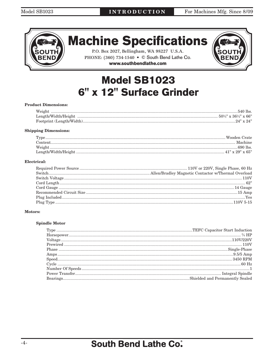 Machine speciﬁcations | Southbend SB1023 User Manual | Page 6 / 48