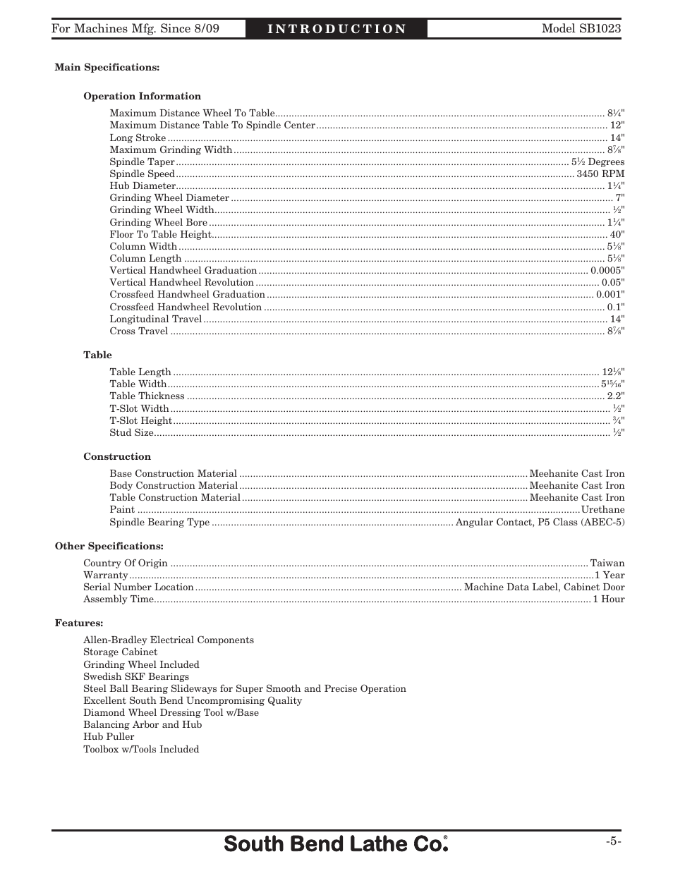 Southbend SB1023 User Manual | Page 7 / 48