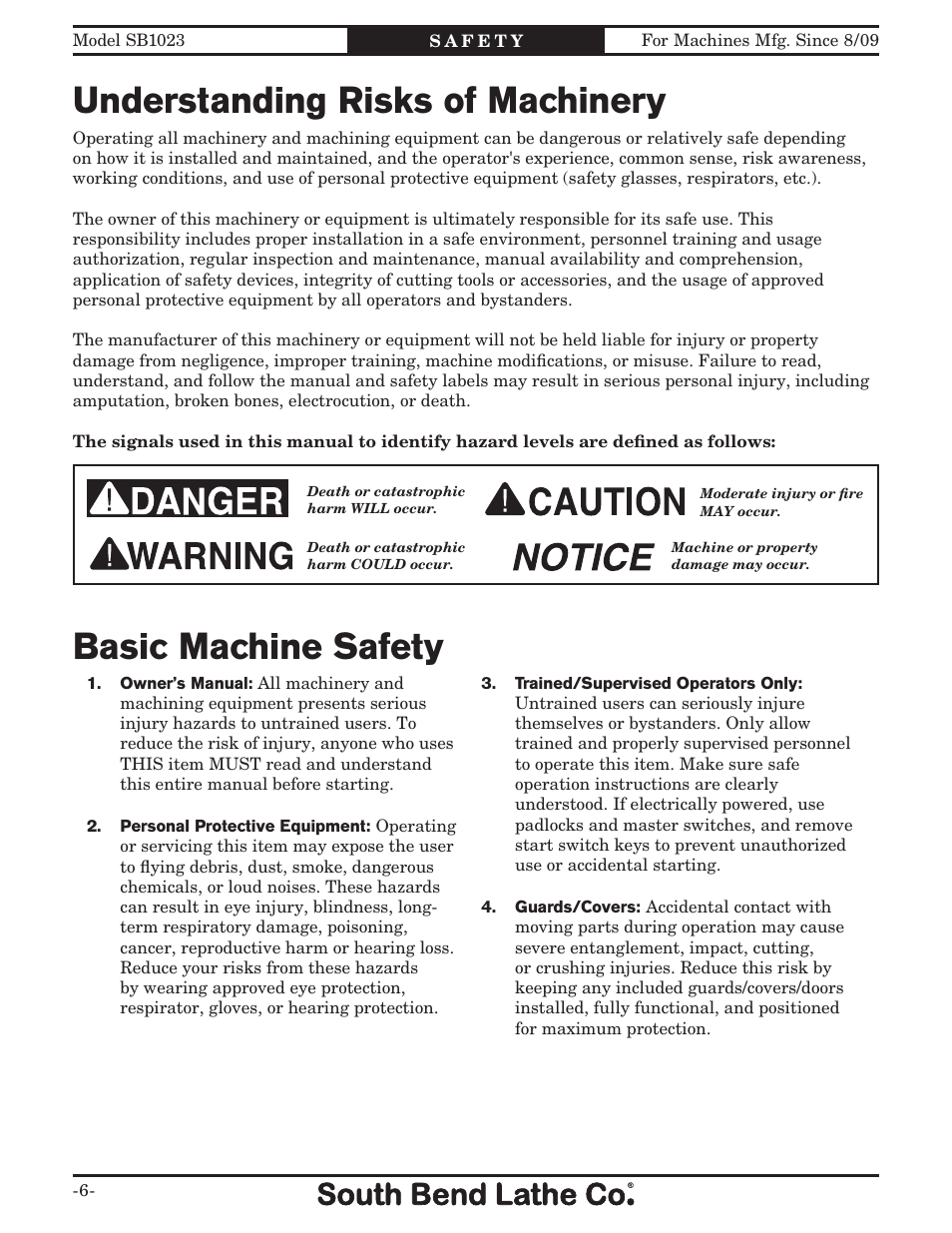 Understanding risks of machinery, Basic machine safety | Southbend SB1023 User Manual | Page 8 / 48