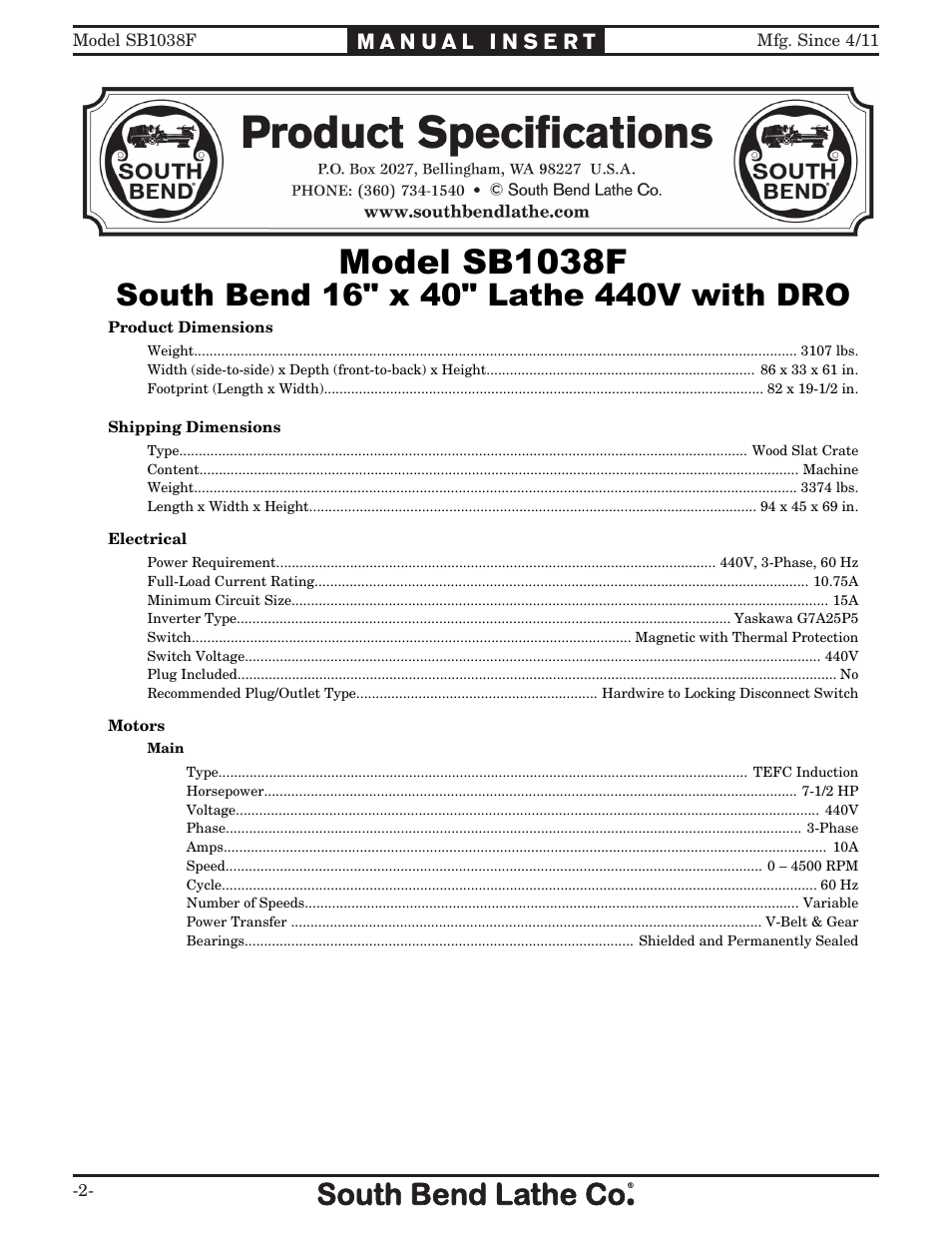 Model sb1038f | Southbend SB1038F User Manual | Page 2 / 148