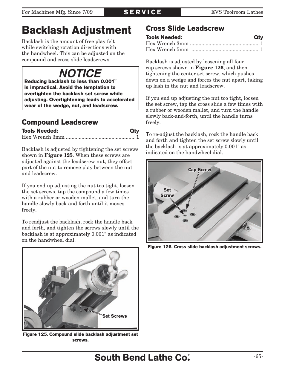 Backlash adjustment, Cross slide leadscrew, Compound leadscrew | Southbend South Bend EVS Toolroom SB1012 User Manual | Page 67 / 144