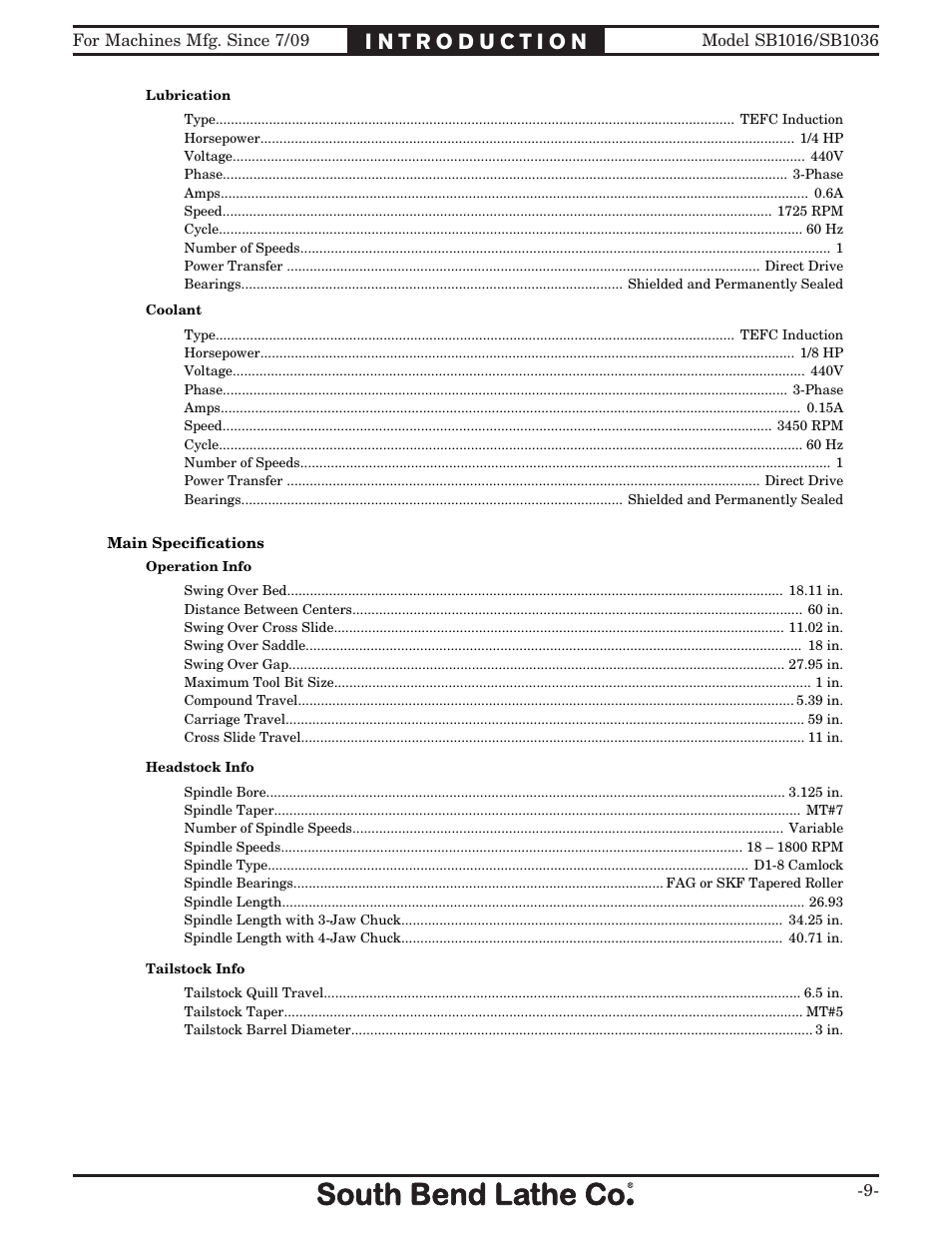 Southbend 18' & 60: EVS Toolroom Lathes 220v sb1016 User Manual | Page 11 / 144