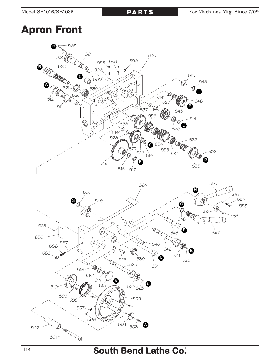 Apron front | Southbend 18' & 60: EVS Toolroom Lathes 220v sb1016 User Manual | Page 116 / 144