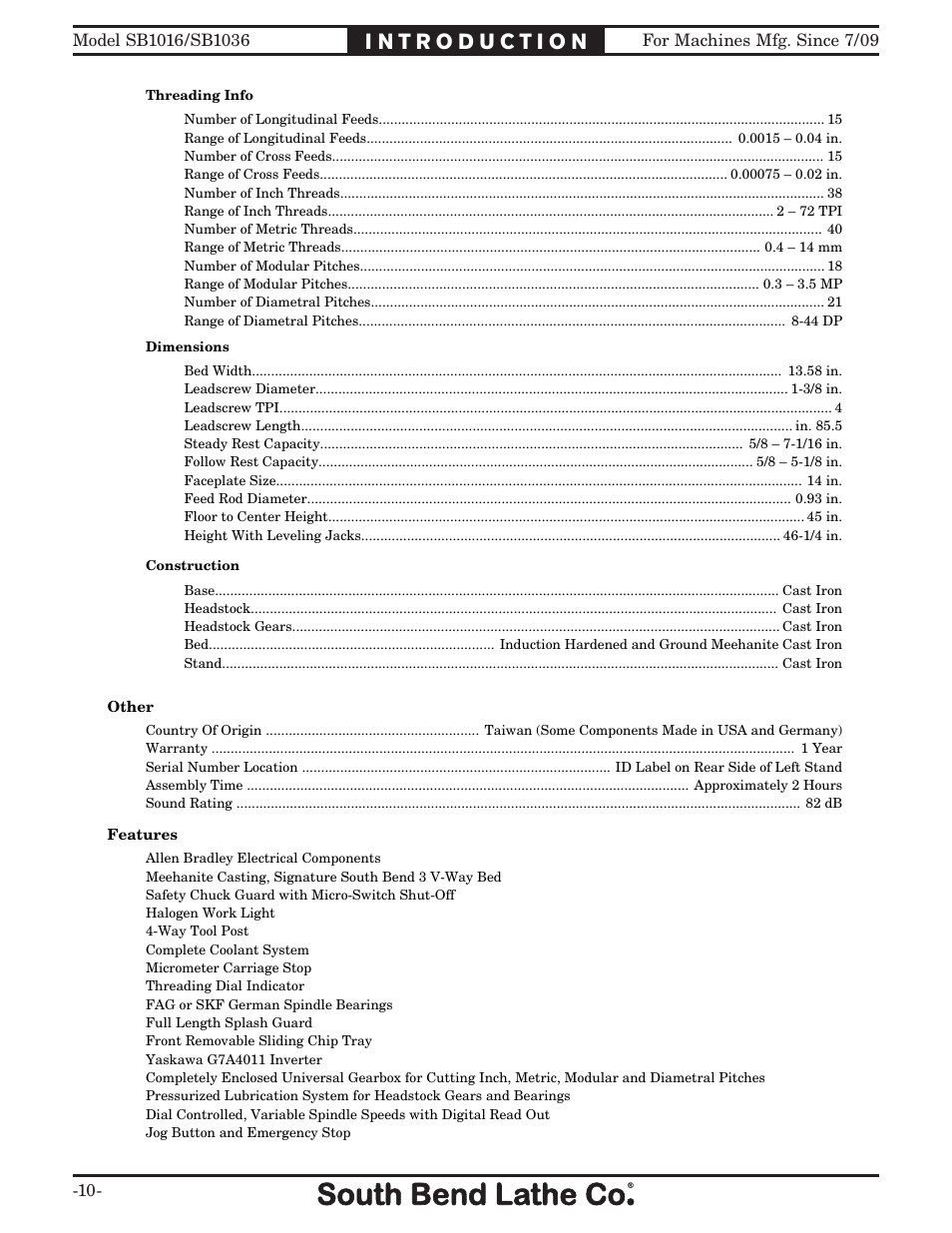 Southbend 18' & 60: EVS Toolroom Lathes 220v sb1016 User Manual | Page 12 / 144